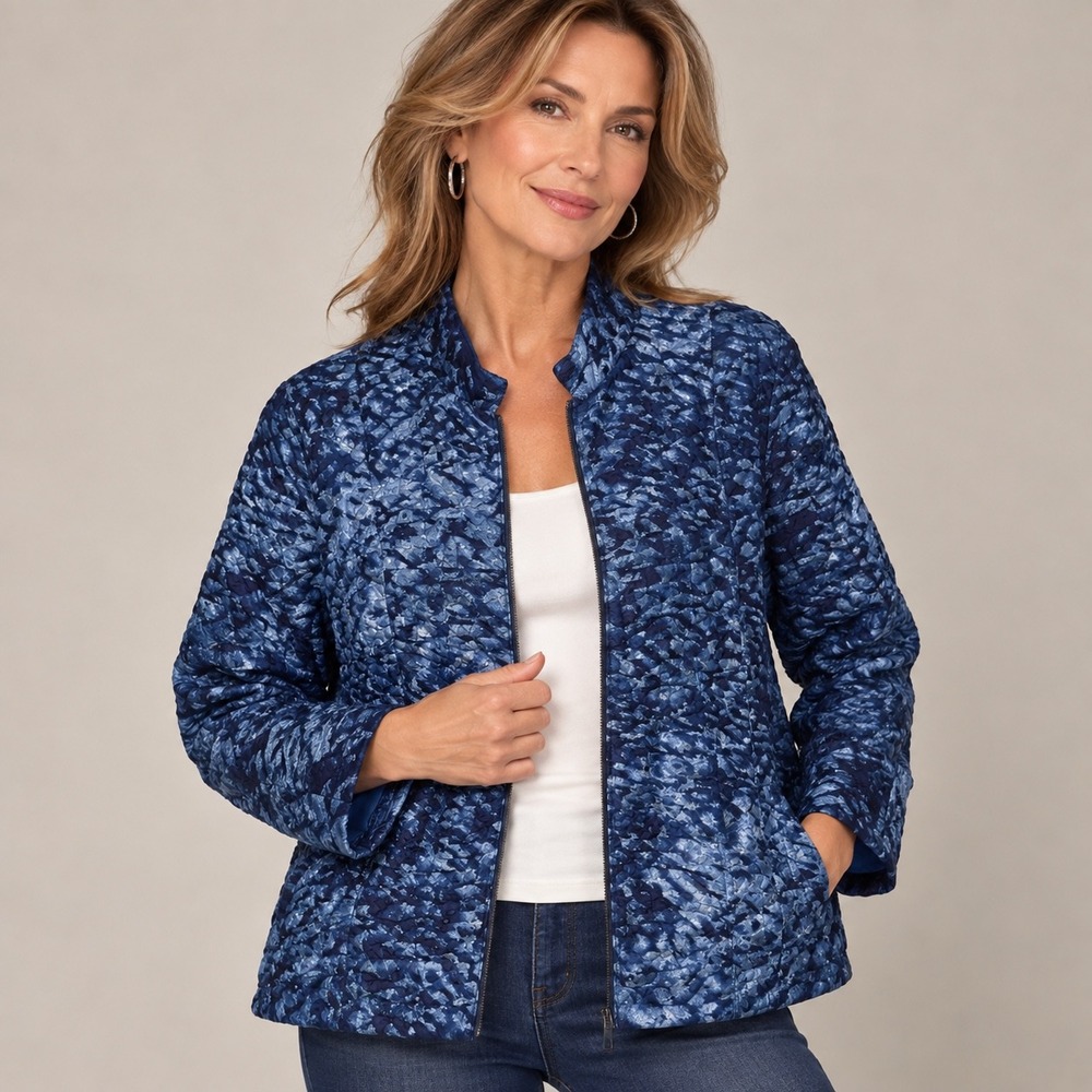 Chico's Crinkle Zip Jacket Women 3.5 Blue Abstract Art to Wear Lagenlook